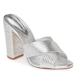 Schutz Emma Dale Criss Cross Sandals Heels Prata Silver 6.5 Quilted Block Heel